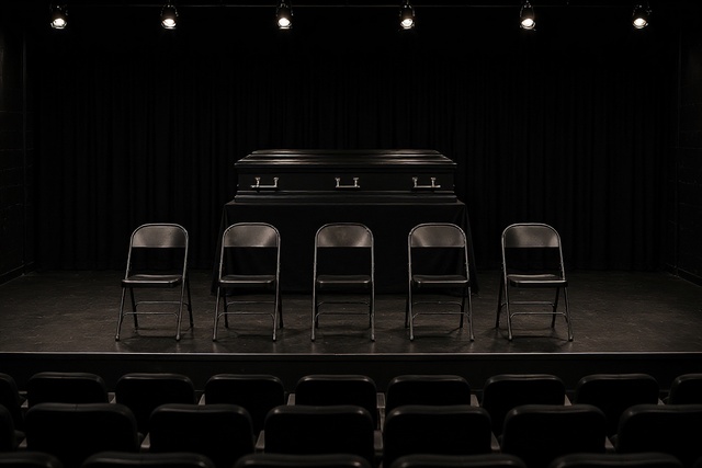 A black casket and five folding chairs on a small theatre stage beneath spotlights.