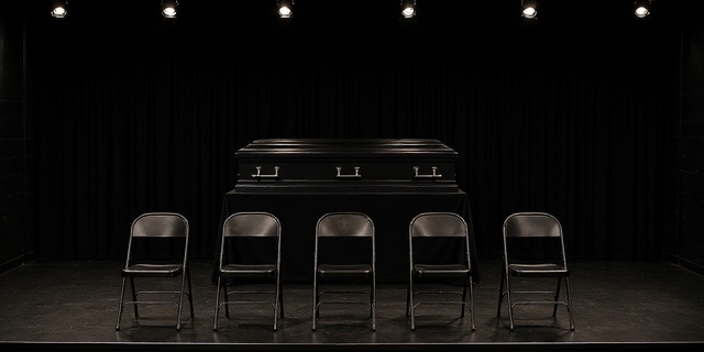A black casket and five empty chairs arranged beneath theatre lights.